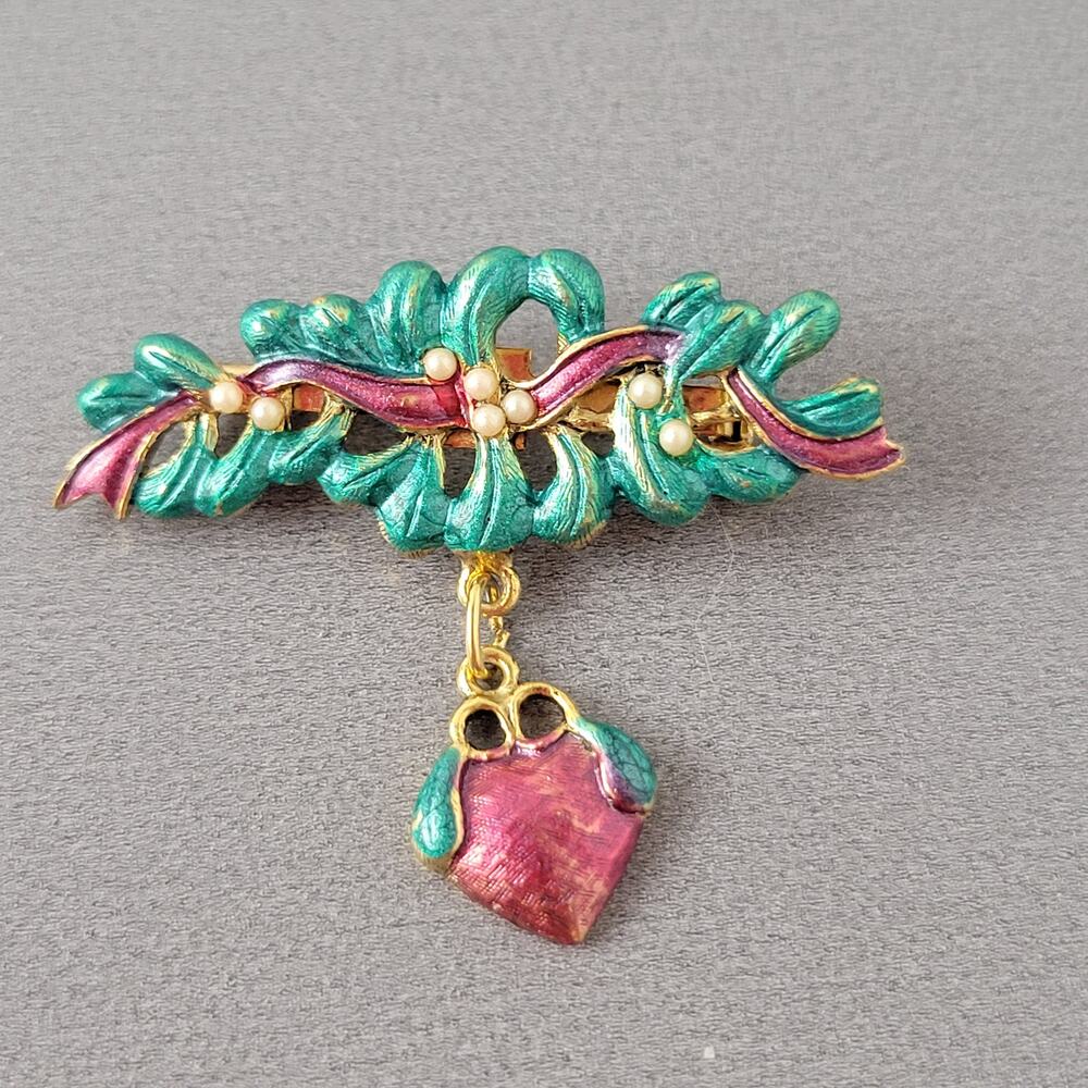 Vintage Green Enamel Brooch with Pink Ribbon and Dangling Heart Charm